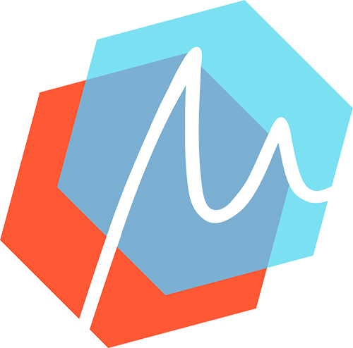 Abstraktes Logo mit geometrischen Formen in Blau, Rot und Türkis.