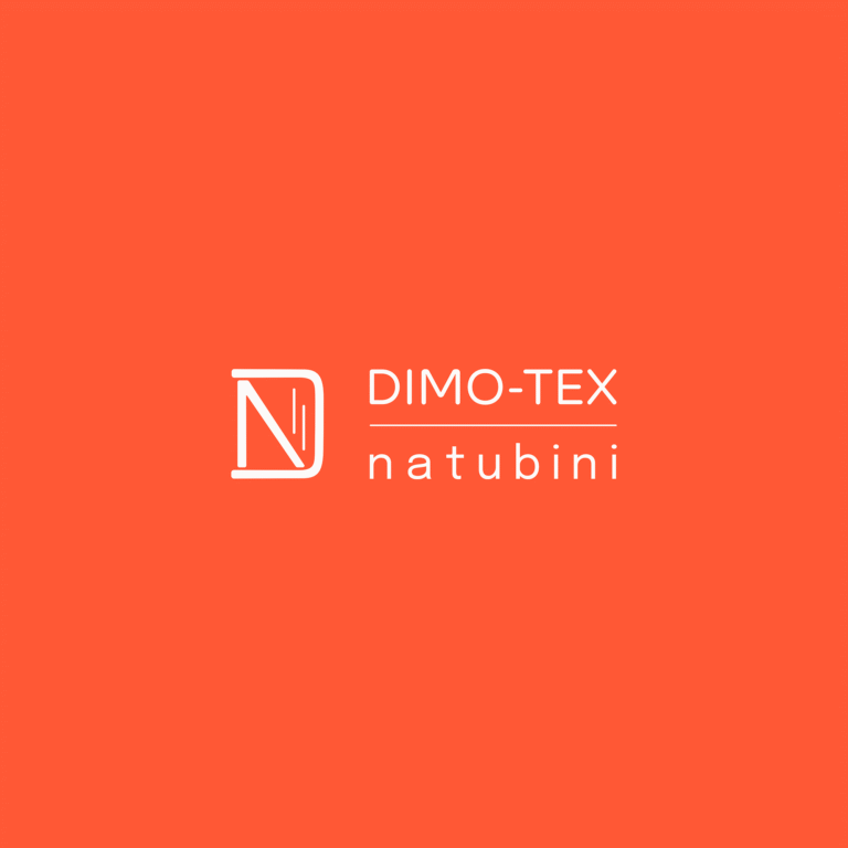 Logo von DIMO-TEX Natubini, weißer Text auf einem leuchtend orangefarbenen Hintergrund.