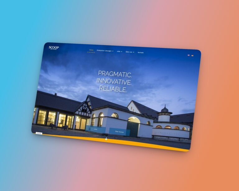 Screenshot einer modernen Agentur-Website mit großzügigem Gebäude und blauem Himmel im Hintergrund.