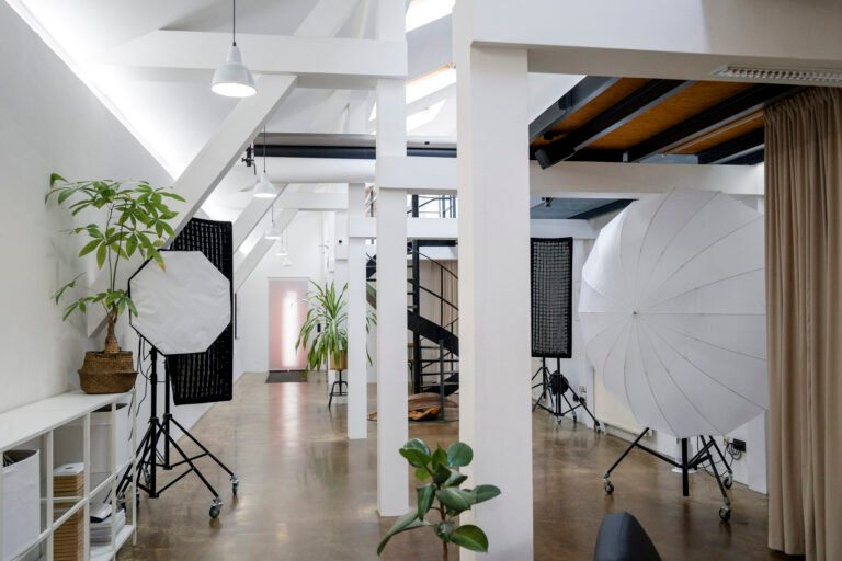 Helles Fotostudio mit Beleuchtung und Pflanzen, ideal für professionelle Fotoshootings.